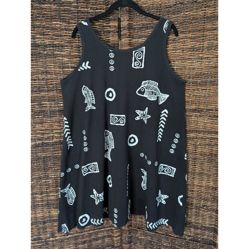 Artsy Fish Print Shift Dress Wearable Art Boho Women's XL Black Lagenlook Beach